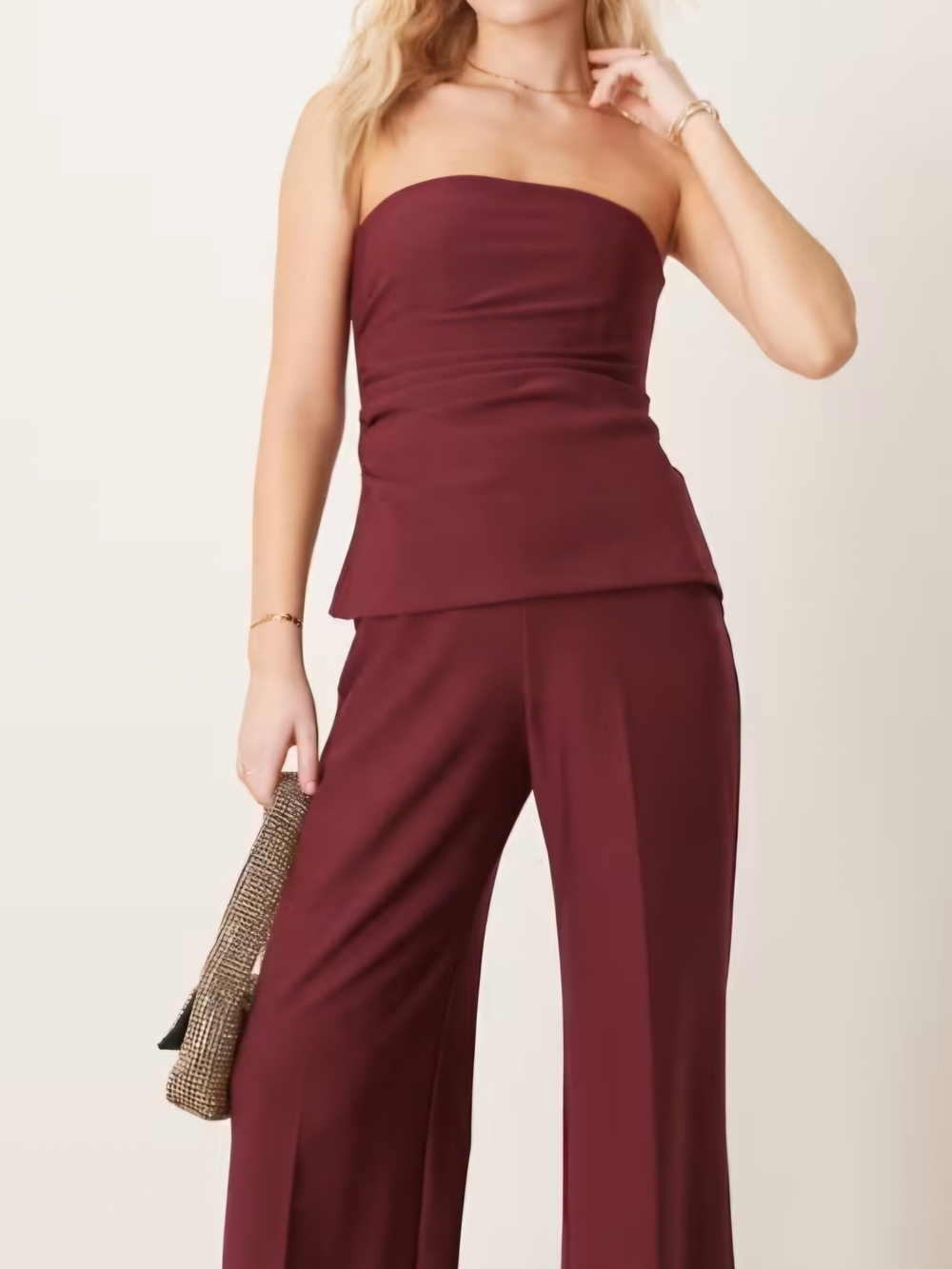 Abercrombie & Fitch Strapless Wide-Leg Jumpsuit in Burgundy